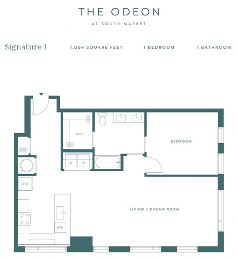 Floor plan for 1 bed, 1 bath, 1064 sqft